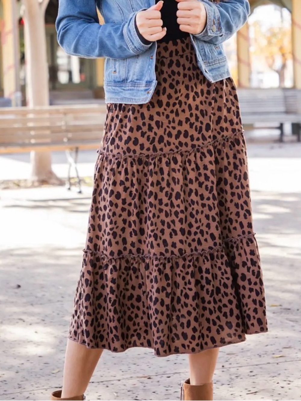 Tickled Teal Brown Leopard Tiered Midi Skirt